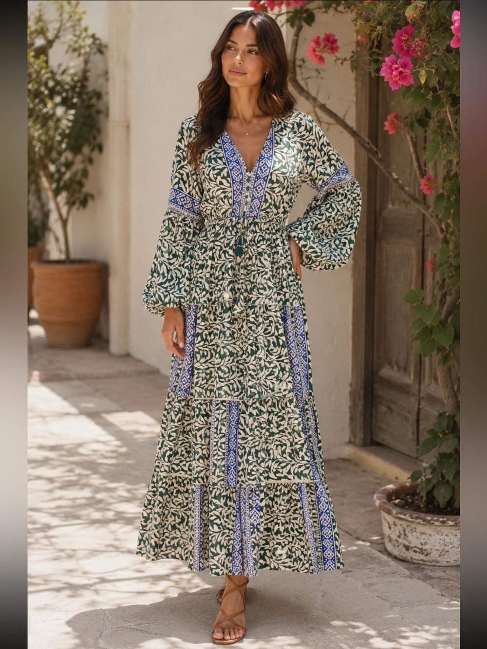 ShopEvelynne Cream & Blue Boho Tiered Maxi Dress